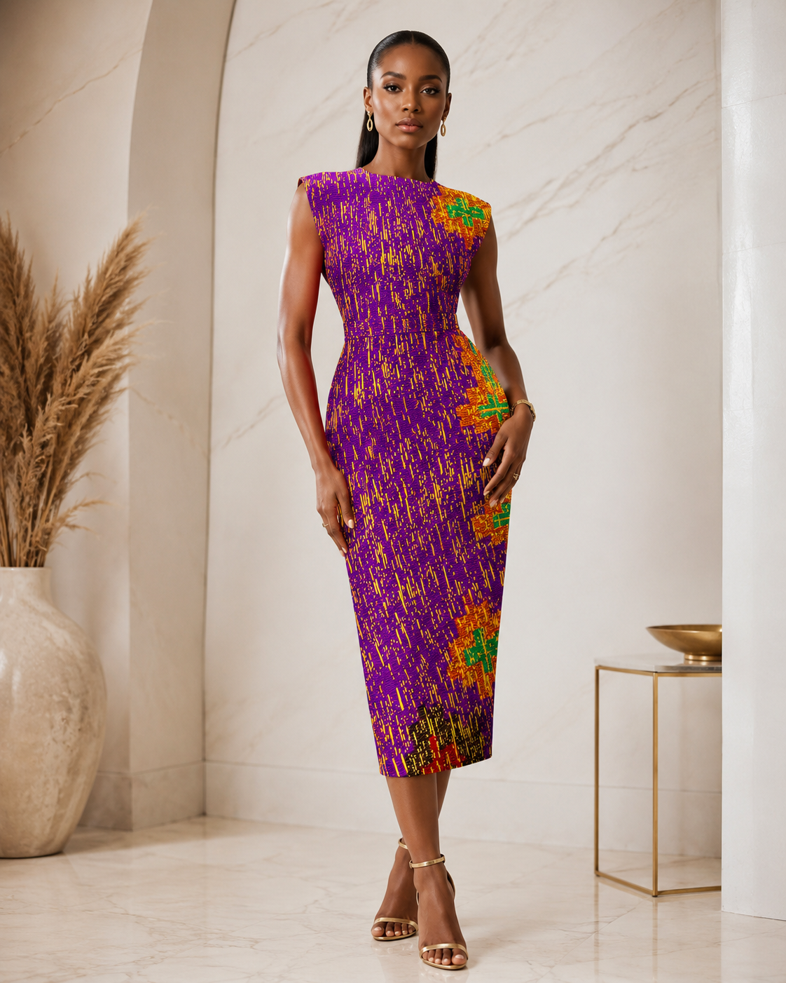 Woman wearing a colorful dress standing in a minimalistic room with a vase and plant.