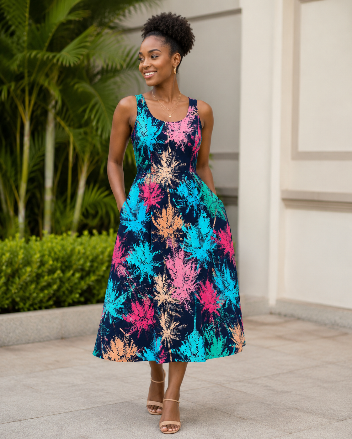 A woman wearing a sleeveless midi dress with a colorful tropical leaf print in turquoise, pink, and orange on a dark navy background, standing outdoors in front of a building wall and green plants.