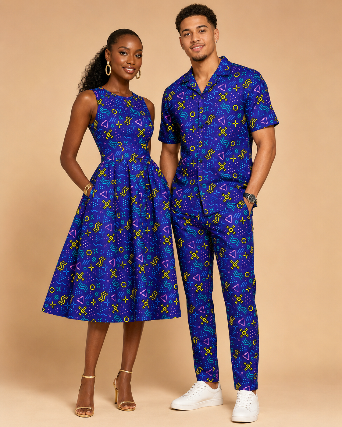 Man and woman wearing matching blue patterned outfits on a beige background