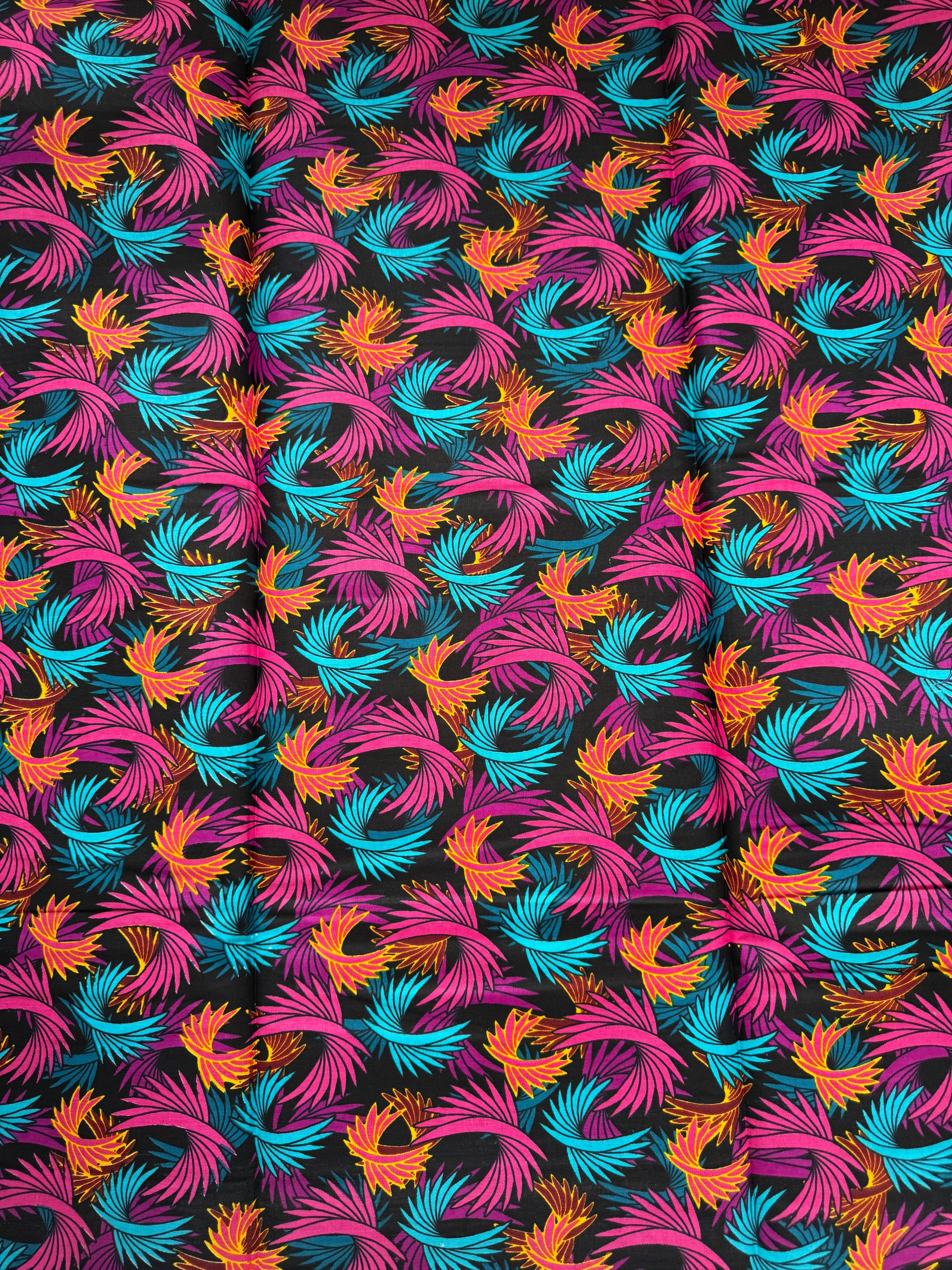 Colorful feather pattern on a black background