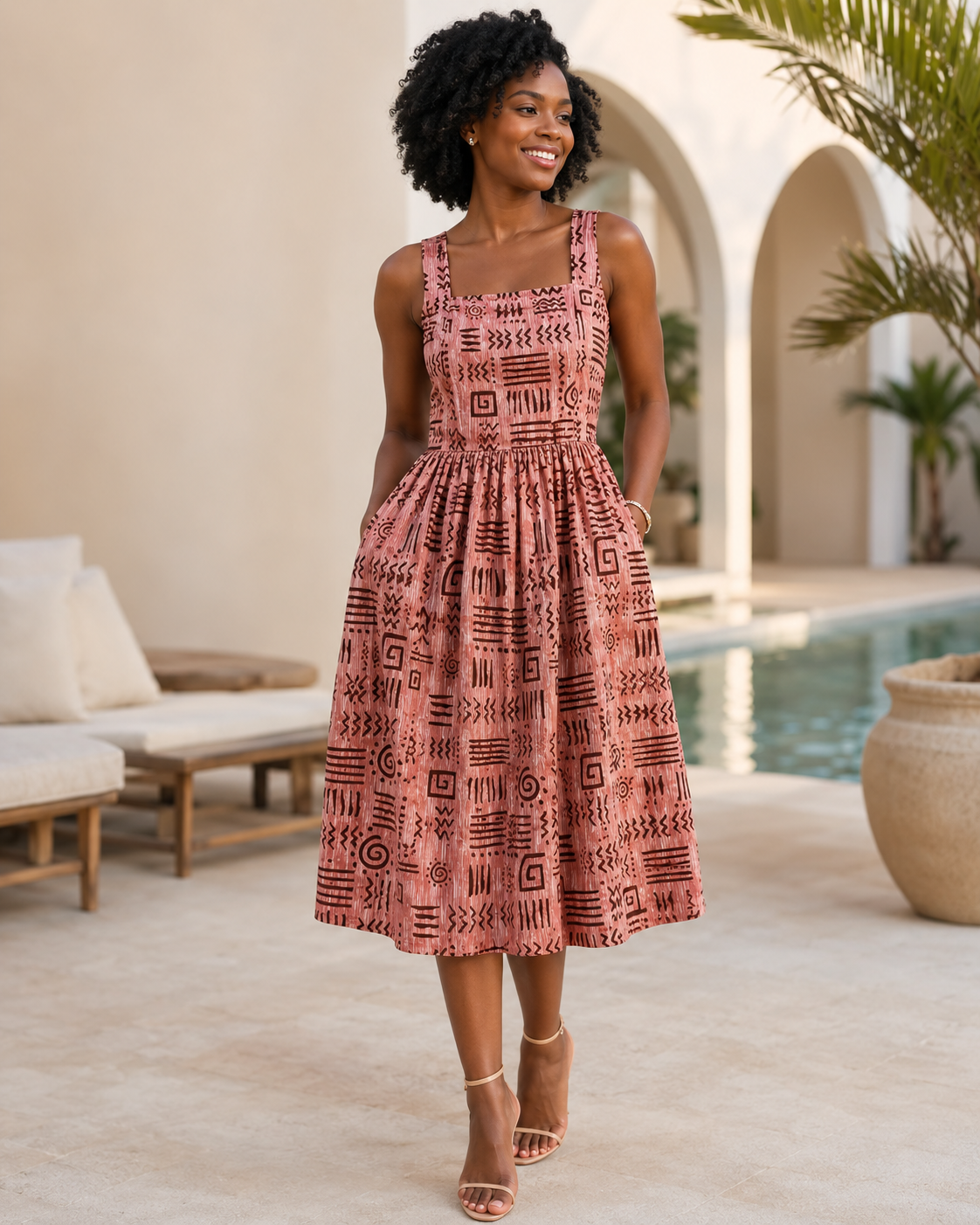 A woman wearing a sleeveless midi dress with a dusty rose and black geometric pattern, standing in a sunlit courtyard with arches, a pool, and plants.