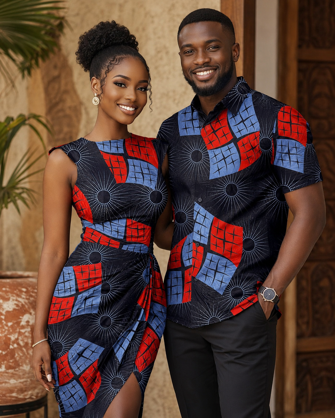 Couple wearing matching blue and red patterned outfits indoors.