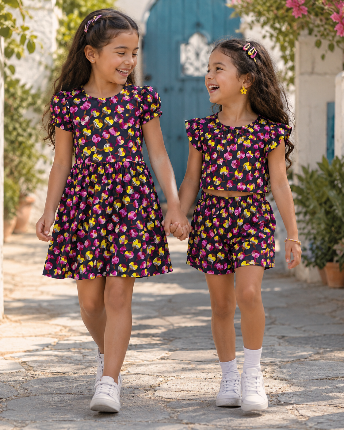 Two young girls in matching floral dresses walking hand-in-hand on a stone path.