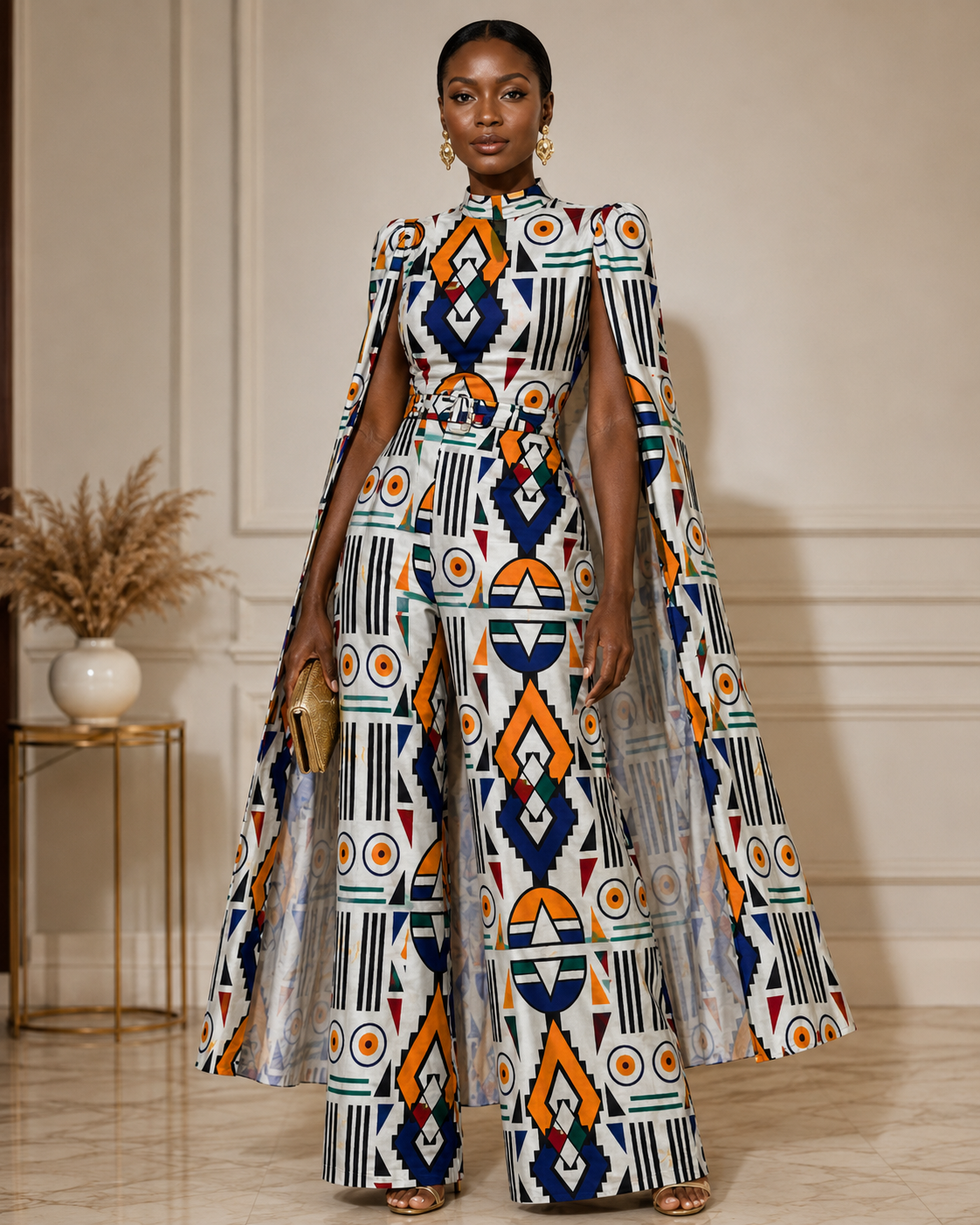 Woman wearing a colorful geometric patterned outfit in an indoor setting.
