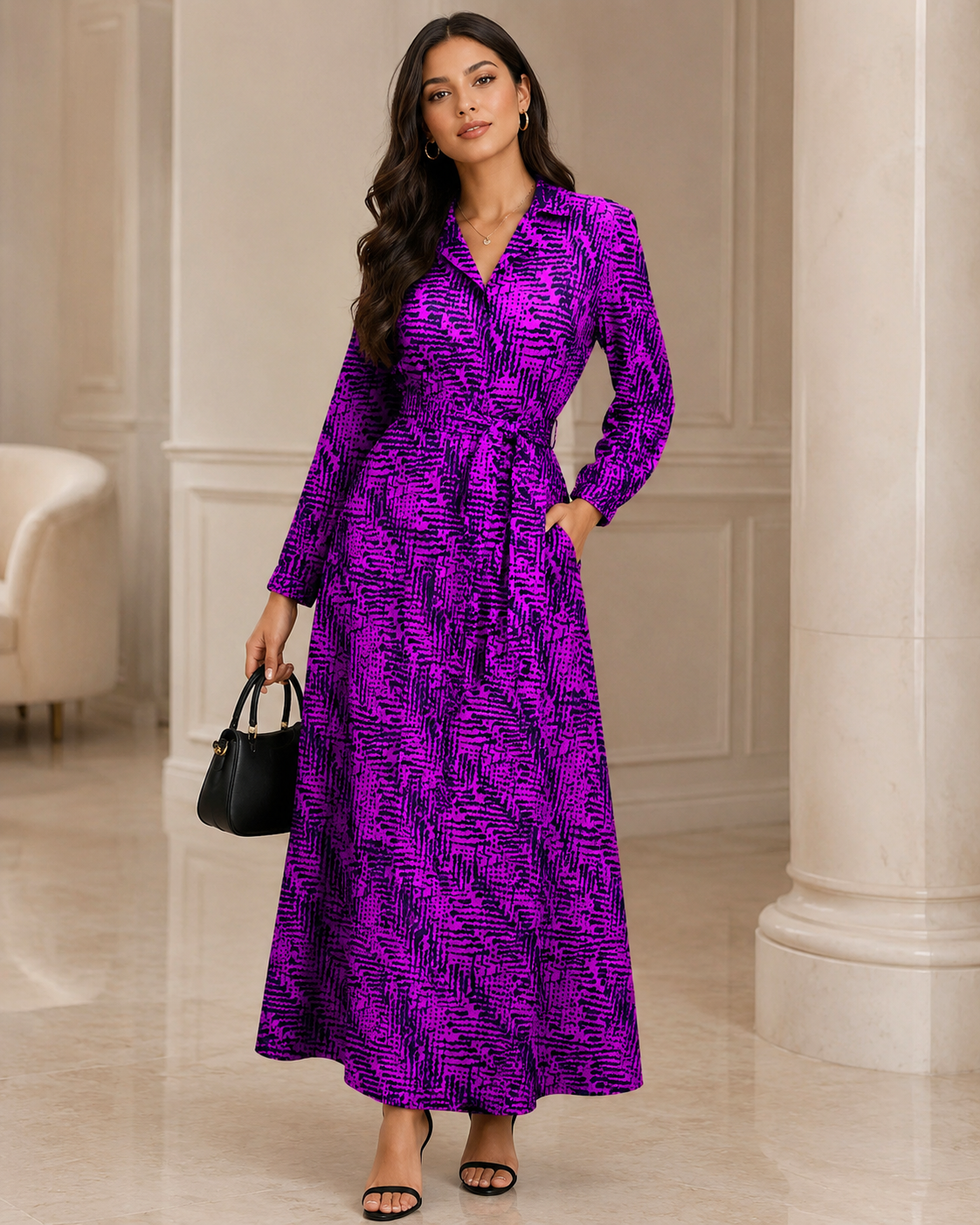 Woman wearing a purple patterned dress in an elegant interior setting