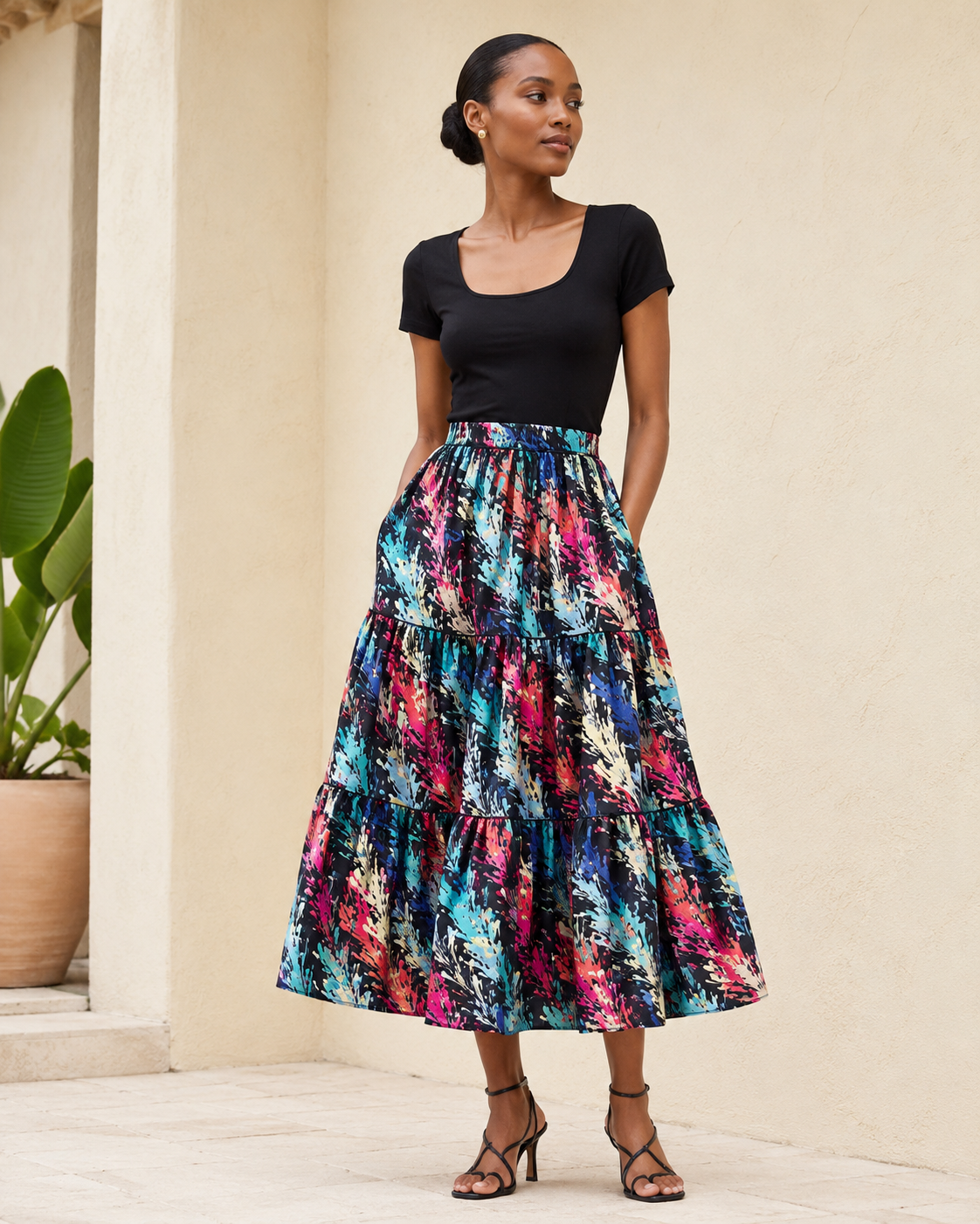 A woman stands outdoors wearing a black short-sleeve scoop-neck top and a high-waisted, tiered midi skirt with a vibrant multicolor abstract floral print in pink, blue, teal, and purple. She is wearing brown strappy high-heeled sandals against a beige stucco wall background.