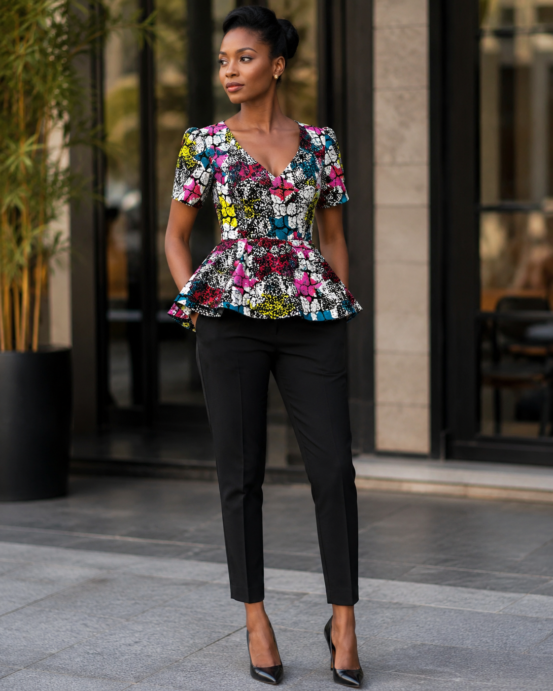 A woman stands outdoors wearing a short-sleeve peplum top with a colorful floral print, paired with black cropped pants and black pointed heels.
