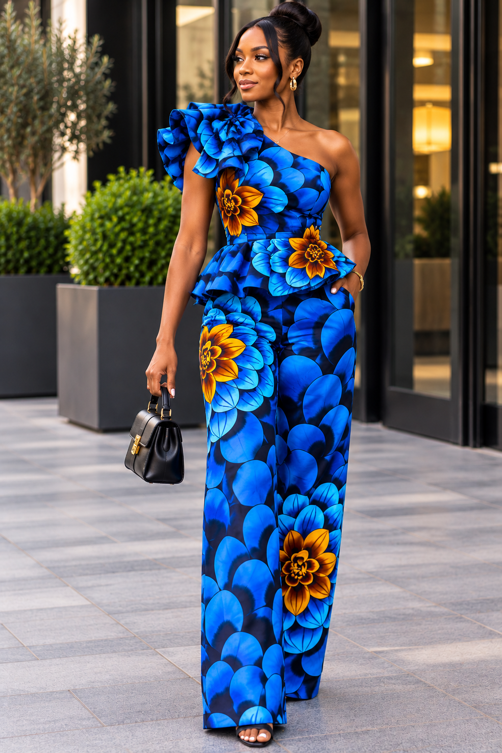 Royal Blue Turquoise & Gold Statement Floral African Fabric – African Wax Print (6 Yards UK) – MASI2632