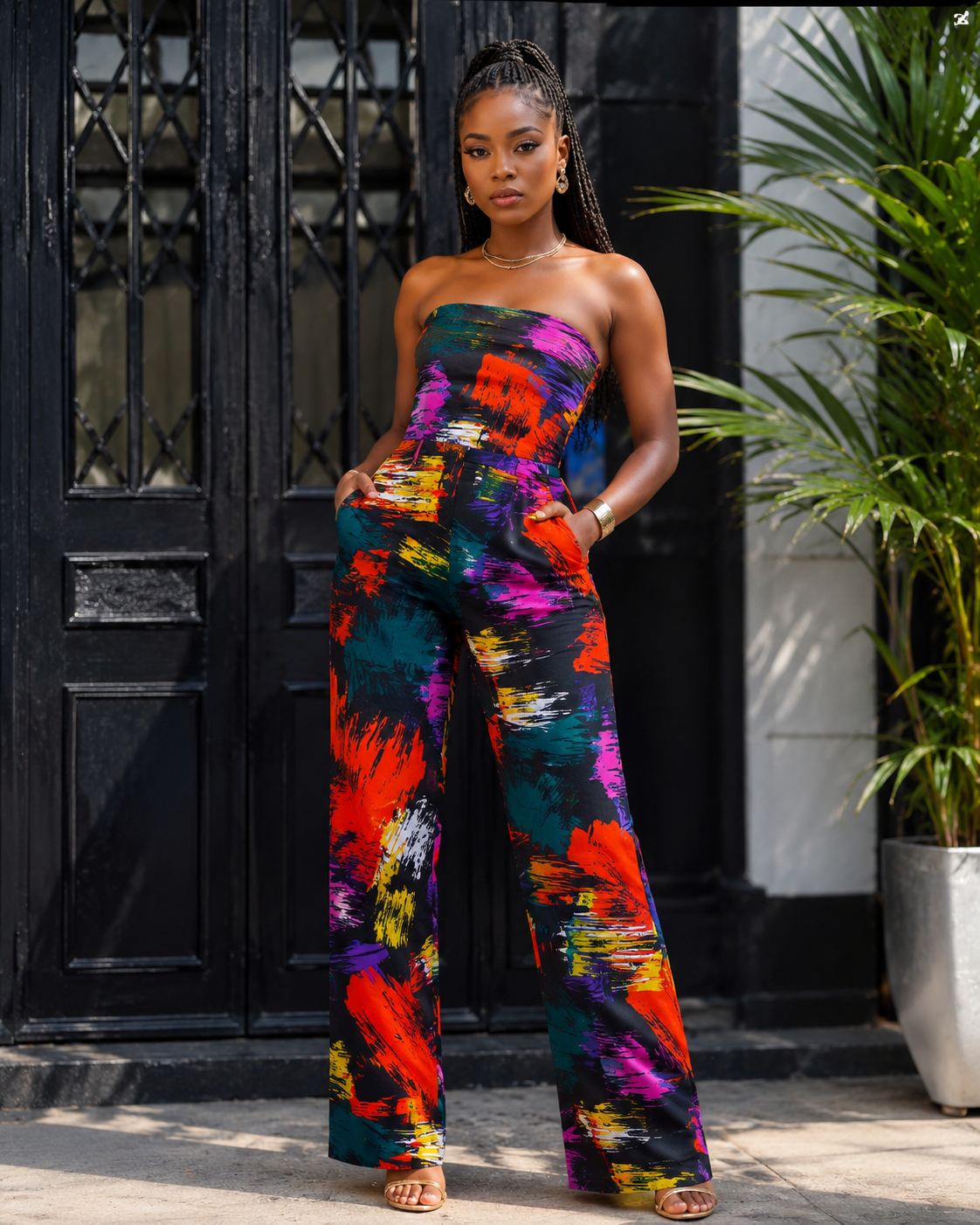 Woman wearing a colorful strapless jumpsuit standing in front of a black door with a plant to the side.