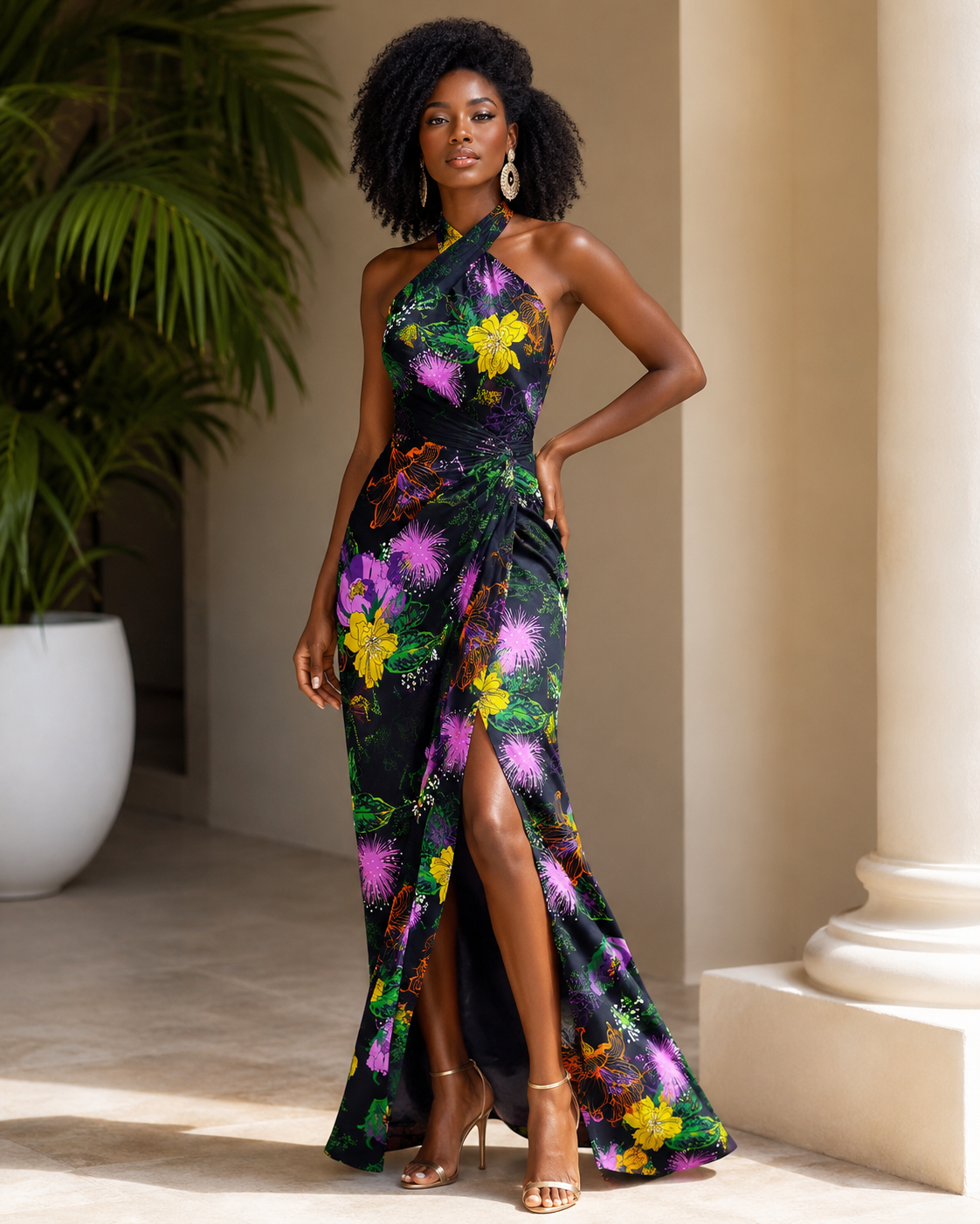 Woman in a floral dress standing outdoors with columns and plants in the background