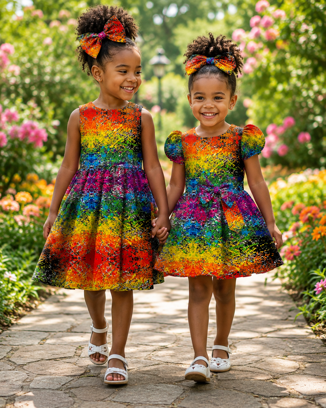 Two young girls in colorful rainbow dresses standing on a stone path with flowers in the background.