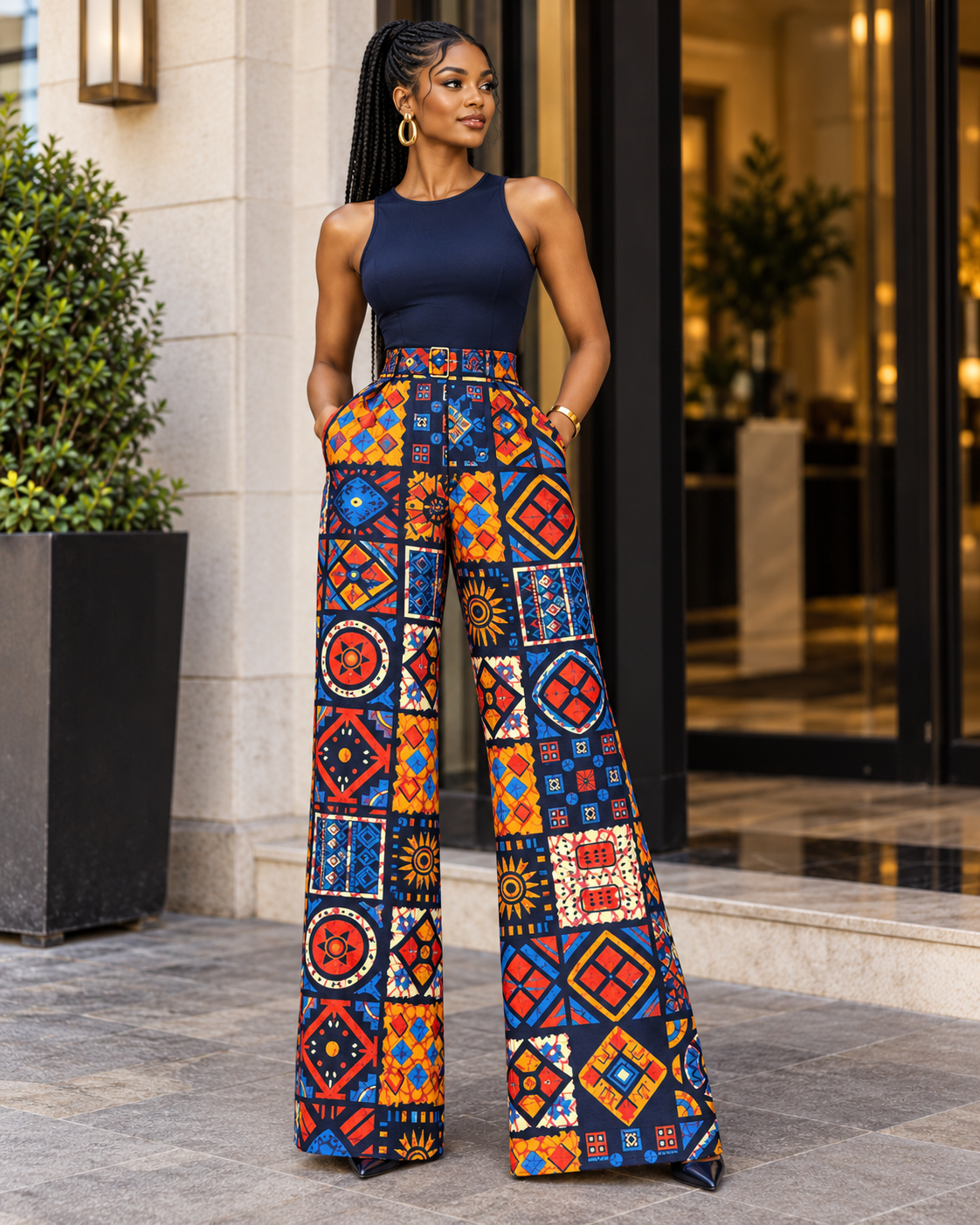 Blue Orange & Gold Geometric Patchwork African Fabric – African Wax Print (6 Yards UK) – MASI2619