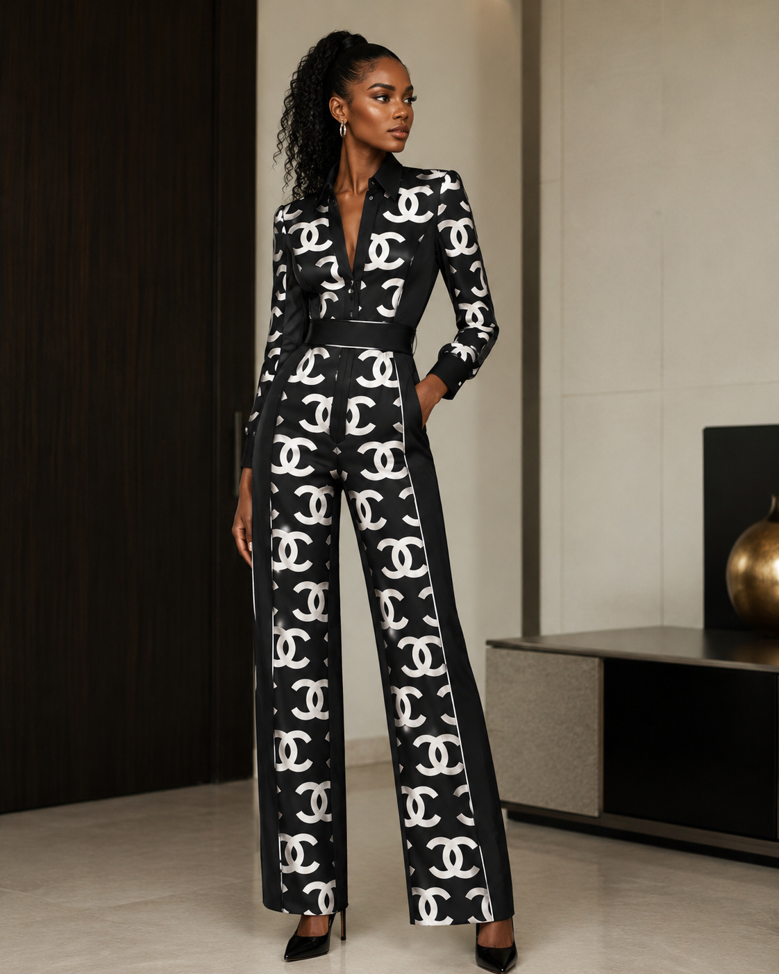 Woman wearing a black and white patterned jumpsuit in an indoor setting.