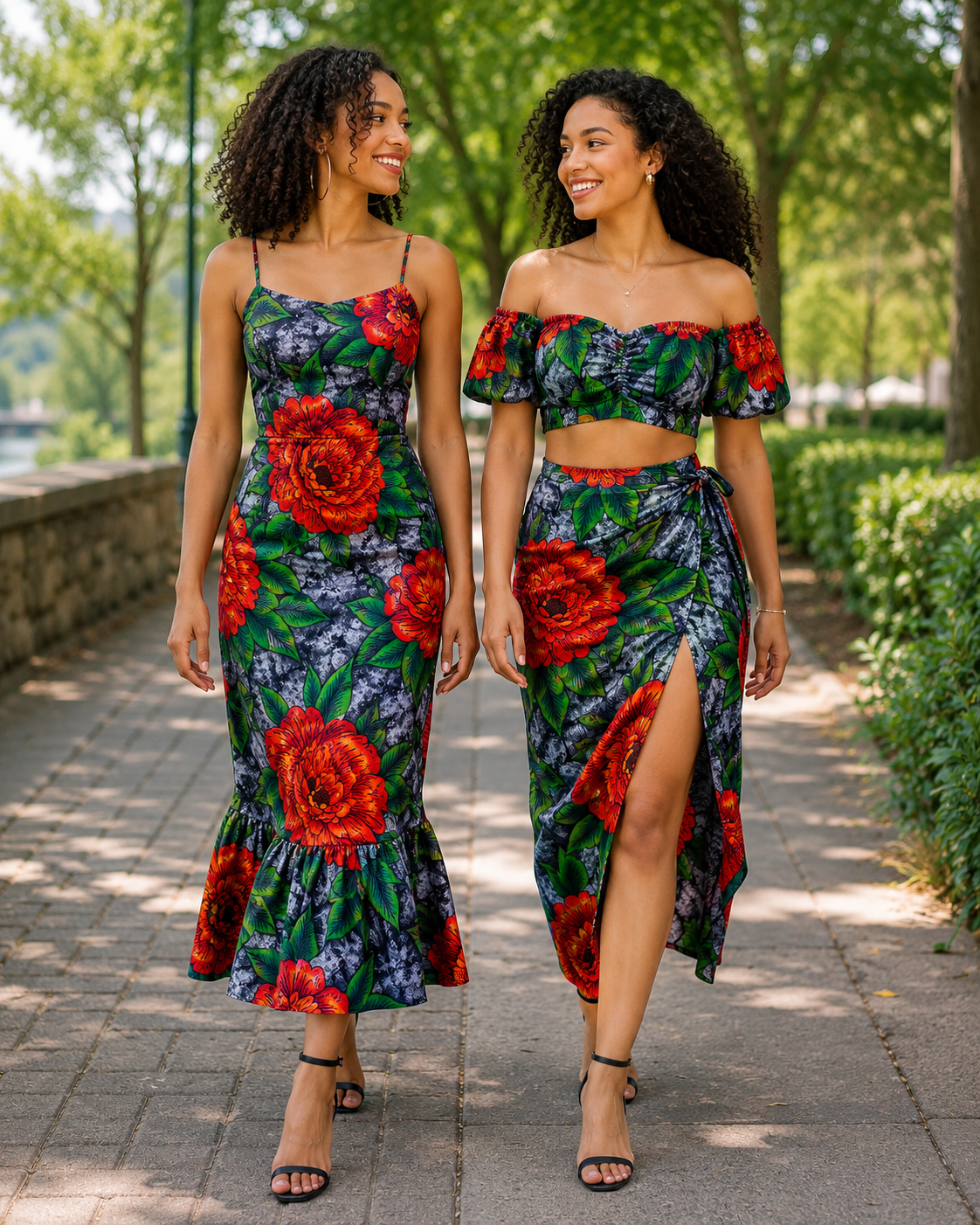 Two women wearing matching floral outfits walking outdoors on a sunny day.