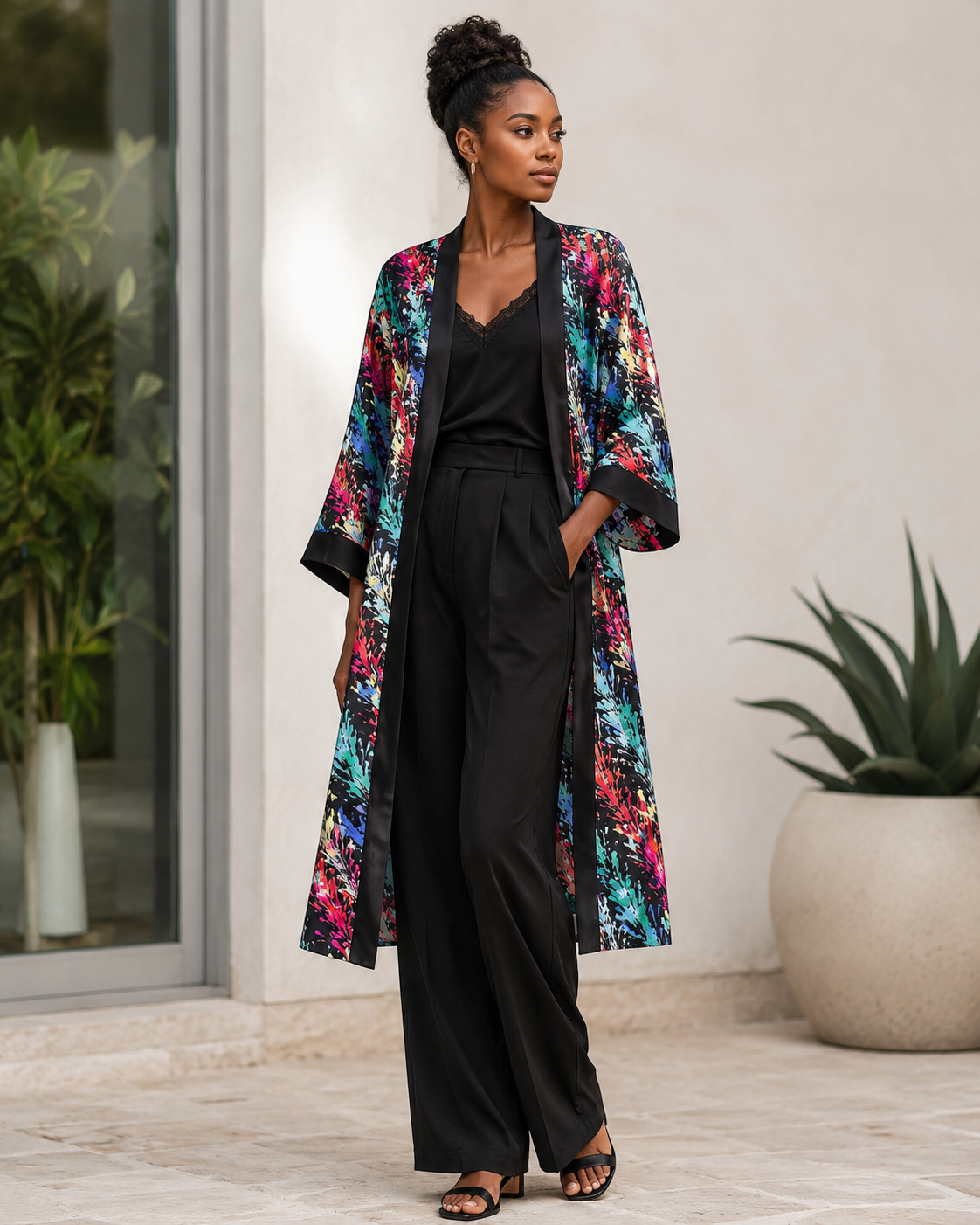 A woman stands outdoors wearing a black wide-leg jumpsuit with a colorful floral kimono-style jacket draped over it. The jacket has a vibrant multicolor print with pink, blue, purple, and green tones, and black trim.