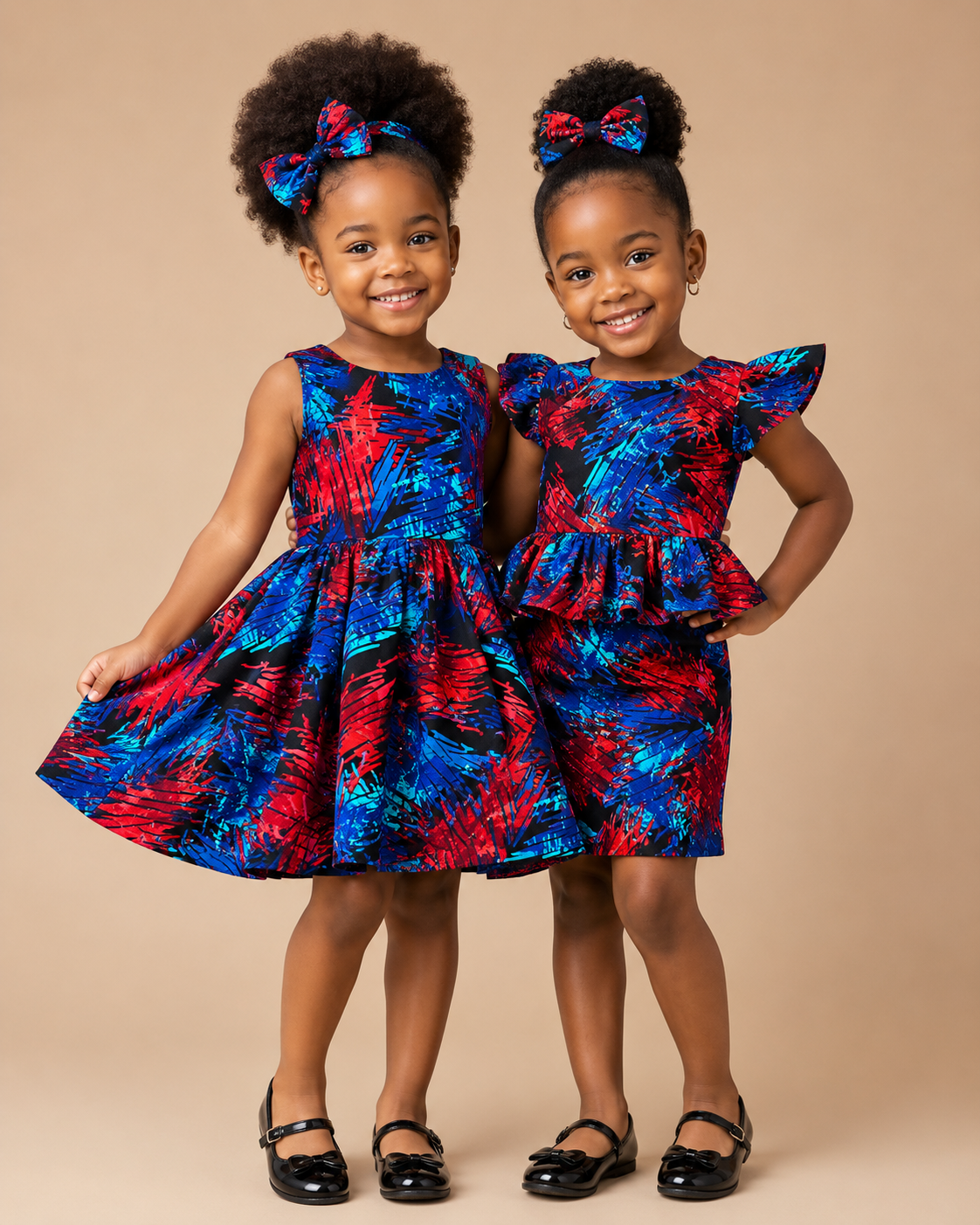 Two young girls wearing matching colorful dresses against a beige background