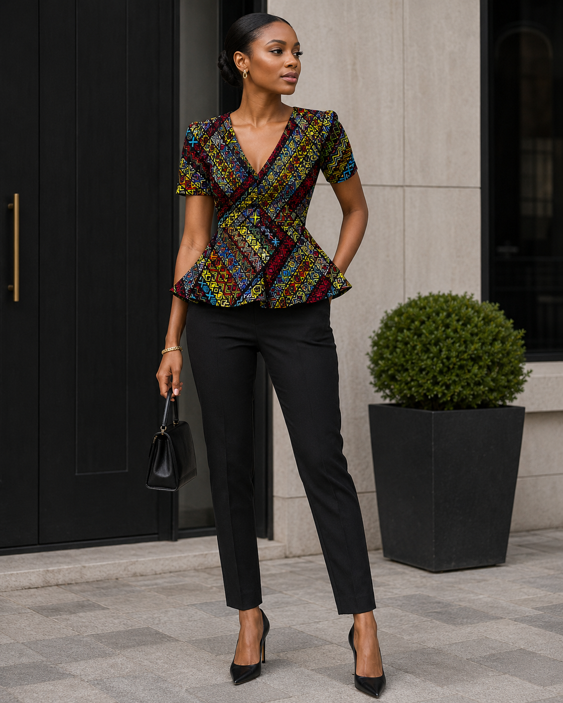 A woman models a short-sleeve wrap-style top with a vibrant multicolor geometric pattern, paired with black trousers and black heels, standing outdoors in front of a modern building.
