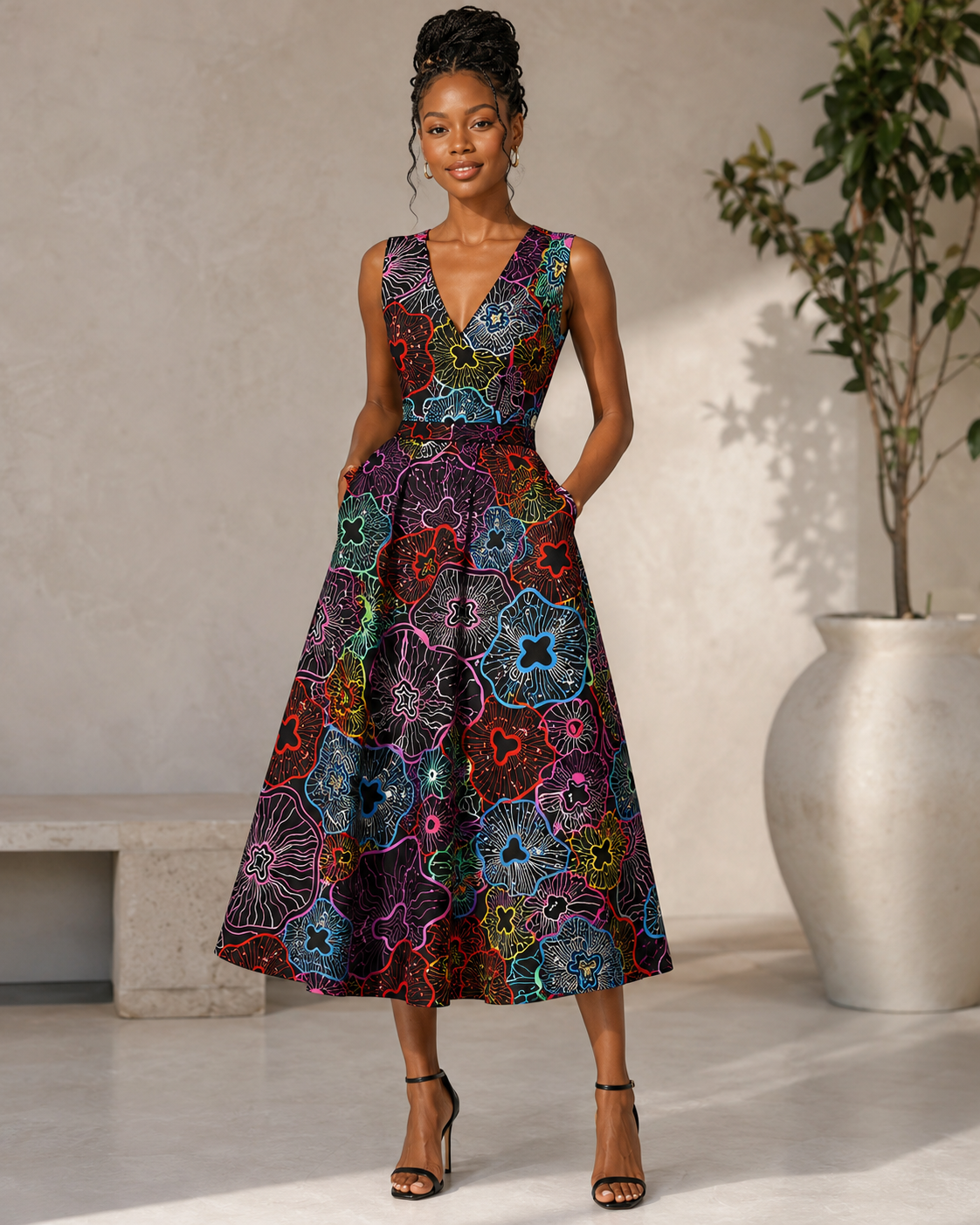 Woman wearing a colorful patterned dress standing in a room with a vase and plant.