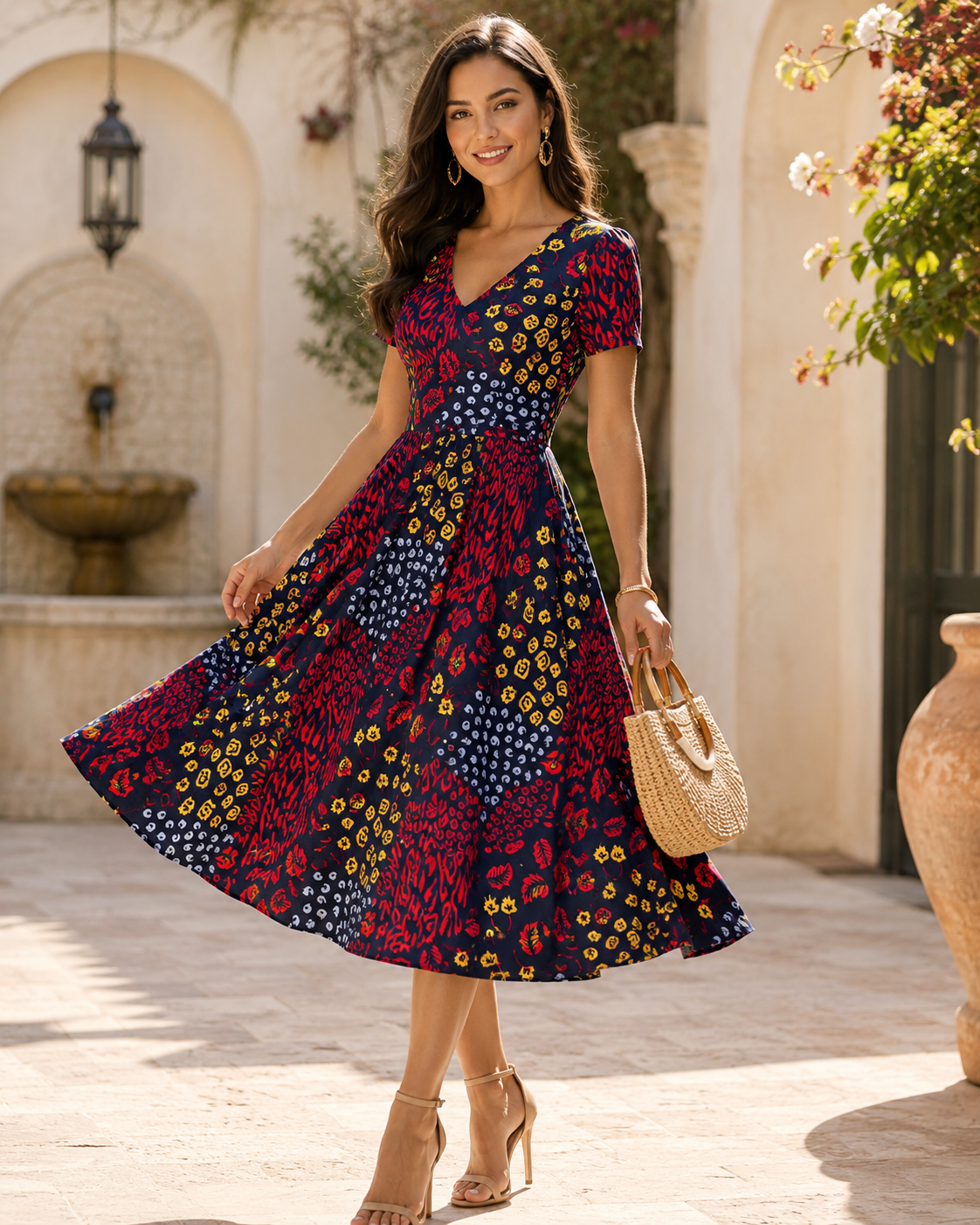 Woman in a colorful floral dress standing outdoors with decorative elements in the background
