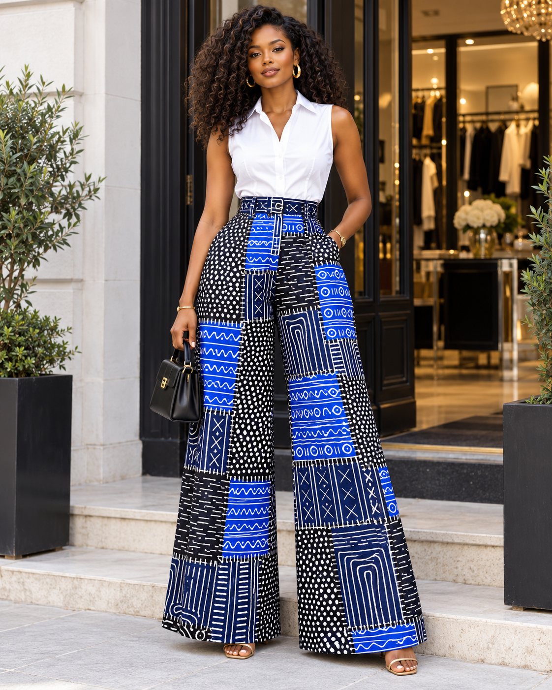 Royal Blue Black & White Mudcloth Patchwork African Fabric – African Wax Print (6 Yards UK) – MASI2617