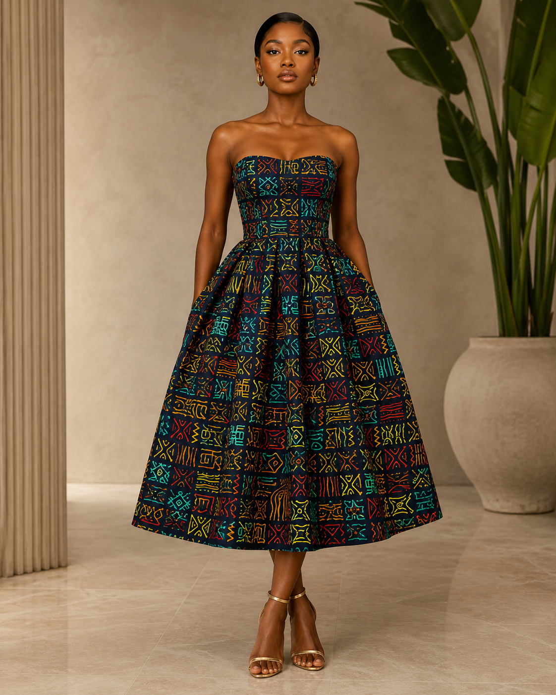 Woman wearing a strapless dress with a colorful geometric pattern in an indoor setting.
