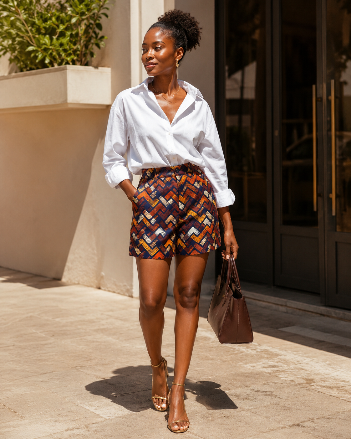 A woman walking outdoors wearing a white button-down shirt tucked into high-waisted shorts with a colorful geometric pattern, holding a brown leather handbag.