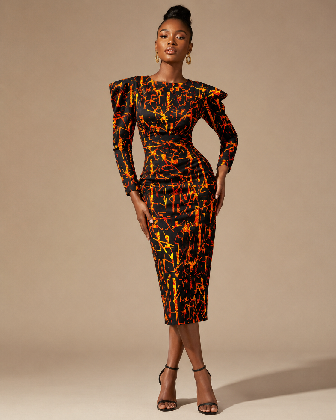 Woman wearing a patterned dress against a beige background