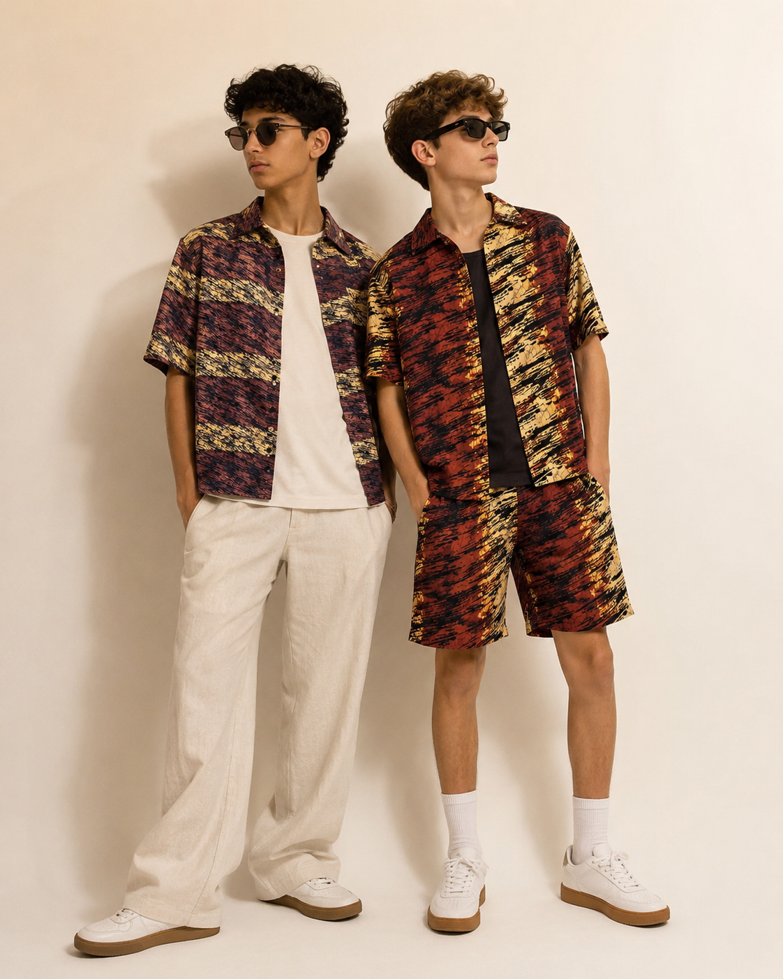 Two people wearing patterned shirts and pants against a plain background