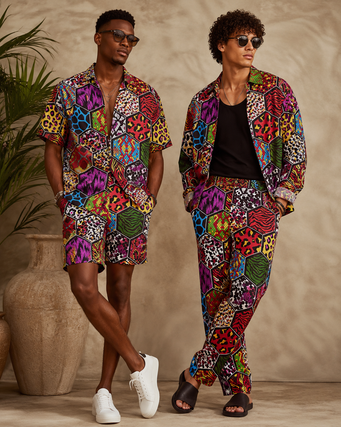 Two men wearing colorful, patterned outfits standing against a beige background.