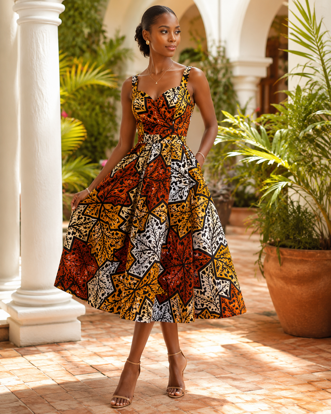 Woman in a colorful patterned dress standing in an outdoor setting with plants and columns.