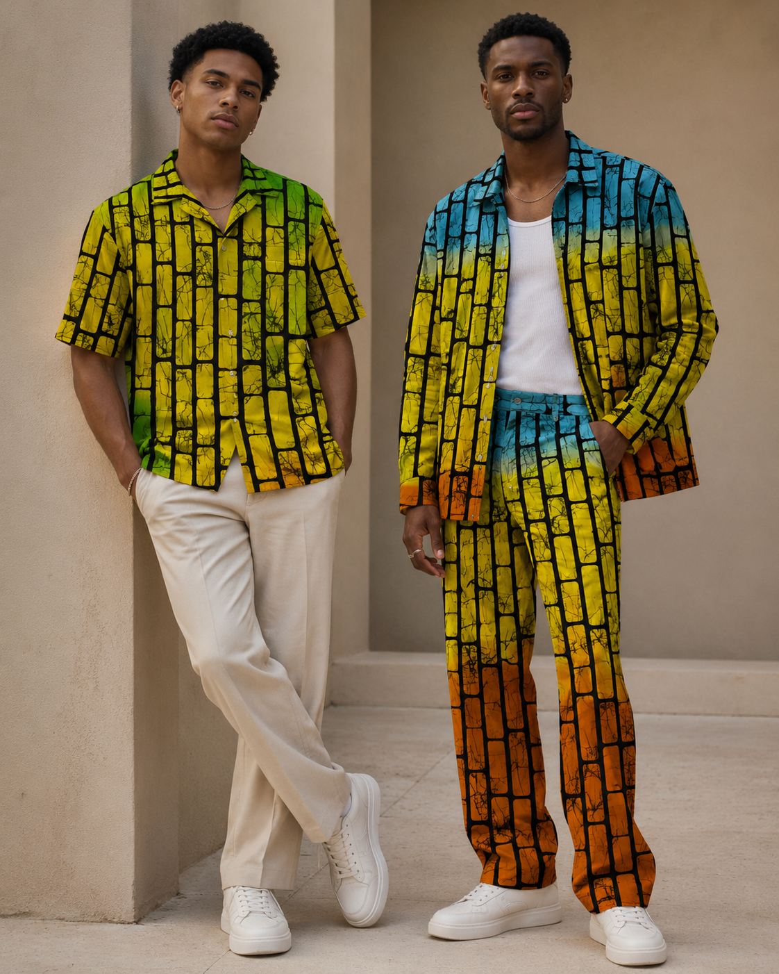 Two men wearing colorful outfits with a brick pattern against a neutral background