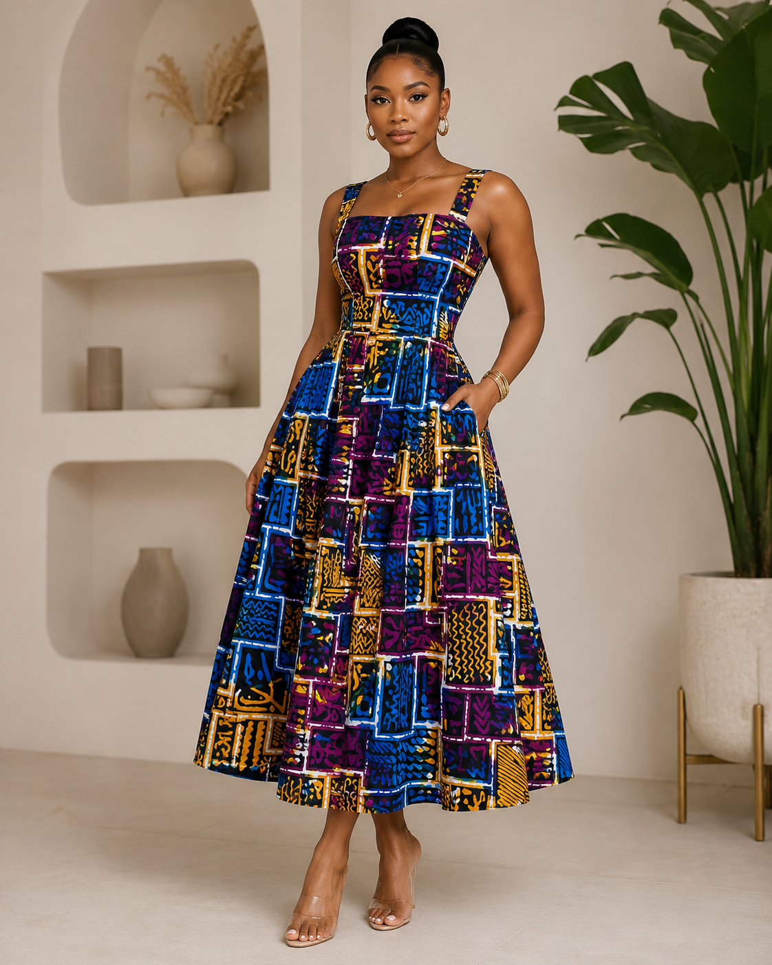 Woman wearing a colorful patterned dress in an indoor setting with plants and shelves.