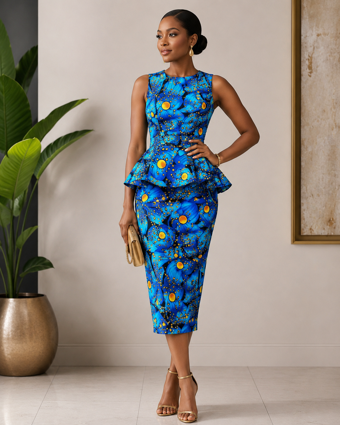 A woman models a sleeveless blue midi dress with a peplum waist and an abstract orange, yellow, and black pattern, standing in a modern indoor setting with a potted plant and framed wall art.