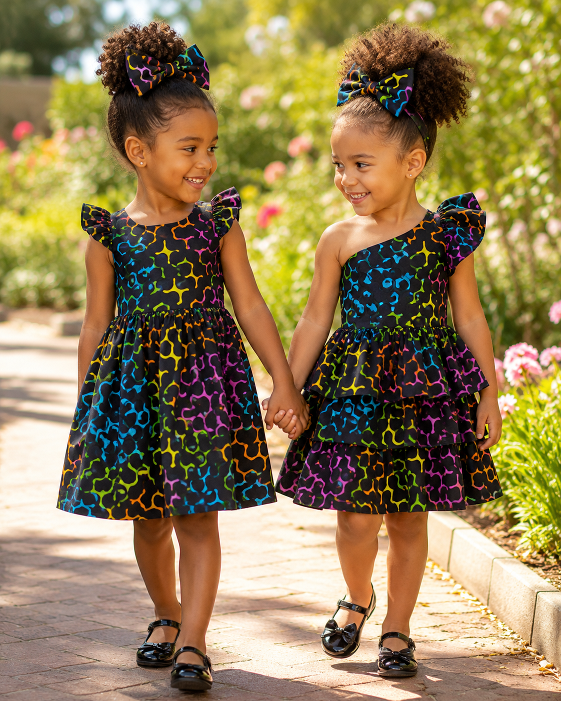 Two young girls in colorful dresses holding hands in a garden setting.