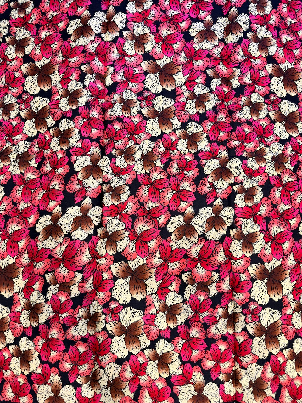 Pattern of pink, white, and brown flowers on a black background