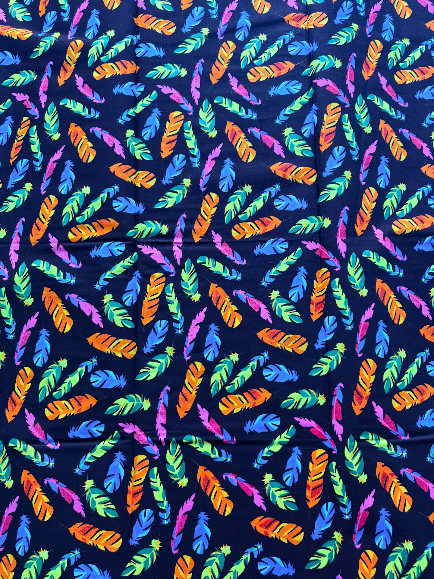 Colorful feather pattern on a dark blue background