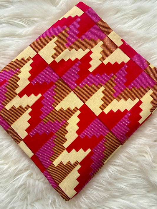 Red Pink & Cream Kente-Inspired Geometric African Fabric – African Wax Print (6 Yards UK) – MASI2486