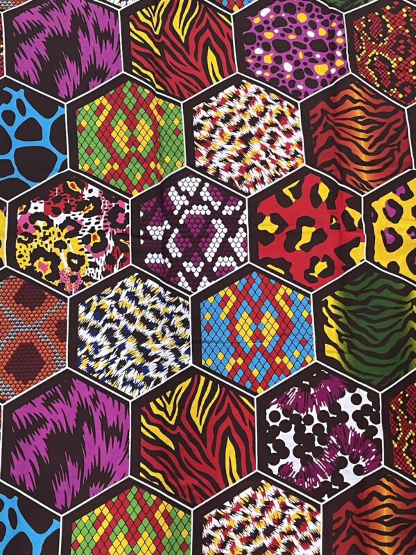 Hexagonal tiles with various animal print patterns on a black background