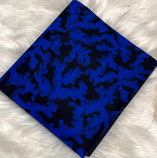 Blue floral patterned fabric on a white fluffy surface