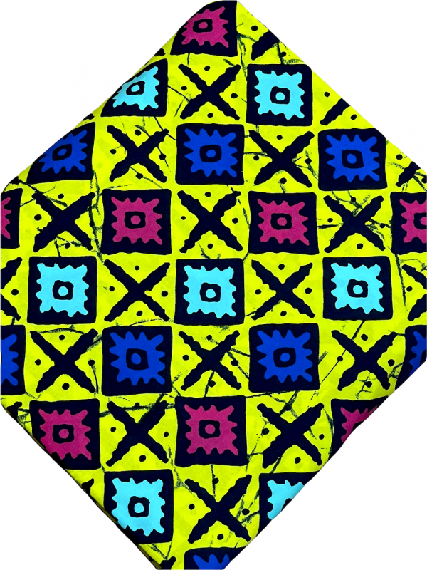 Colorful geometric patterned fabric with a diamond shape on a white background