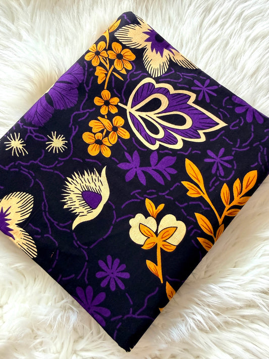 Black Purple & Mustard Floral African Fabric African Fabric – African Wax Print (6 Yards UK) – MASI2613