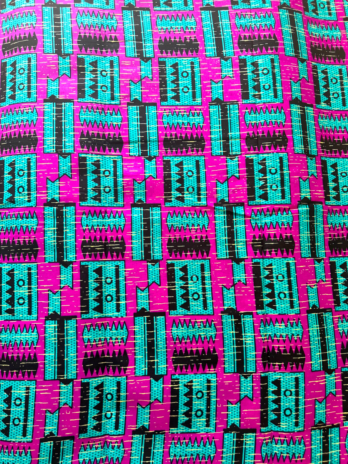 Magenta Turquoise & Black Geometric African Fabric – African Wax Print (6 Yards UK) – MASI2649