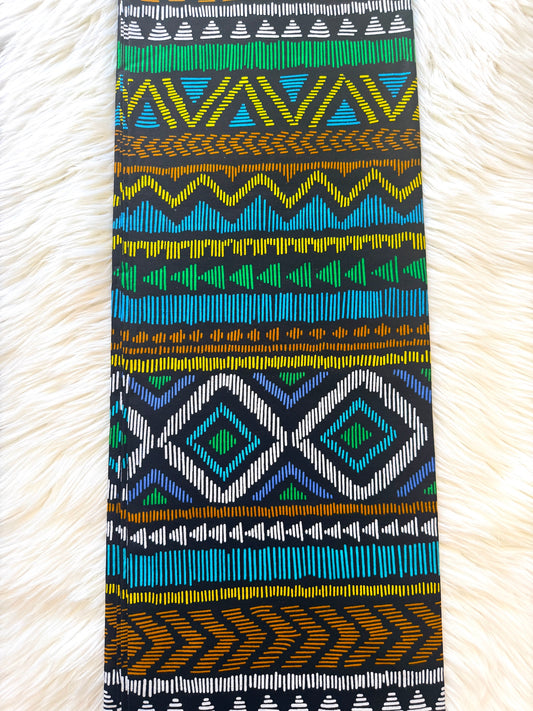 Black Teal & Mustard Tribal Geometric Stripe African Fabric – African Wax Print (6 Yards UK) – MASI2650