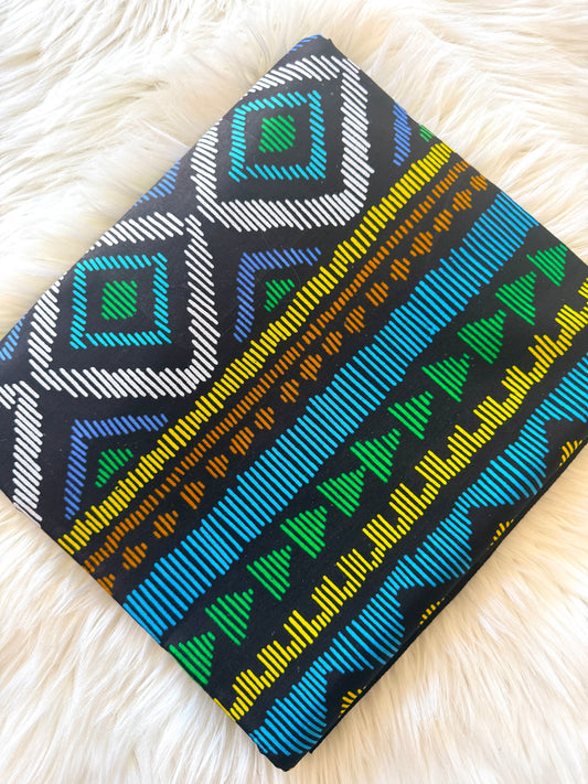 Black Teal & Mustard Tribal Geometric Stripe African Fabric – African Wax Print (6 Yards UK) – MASI2650