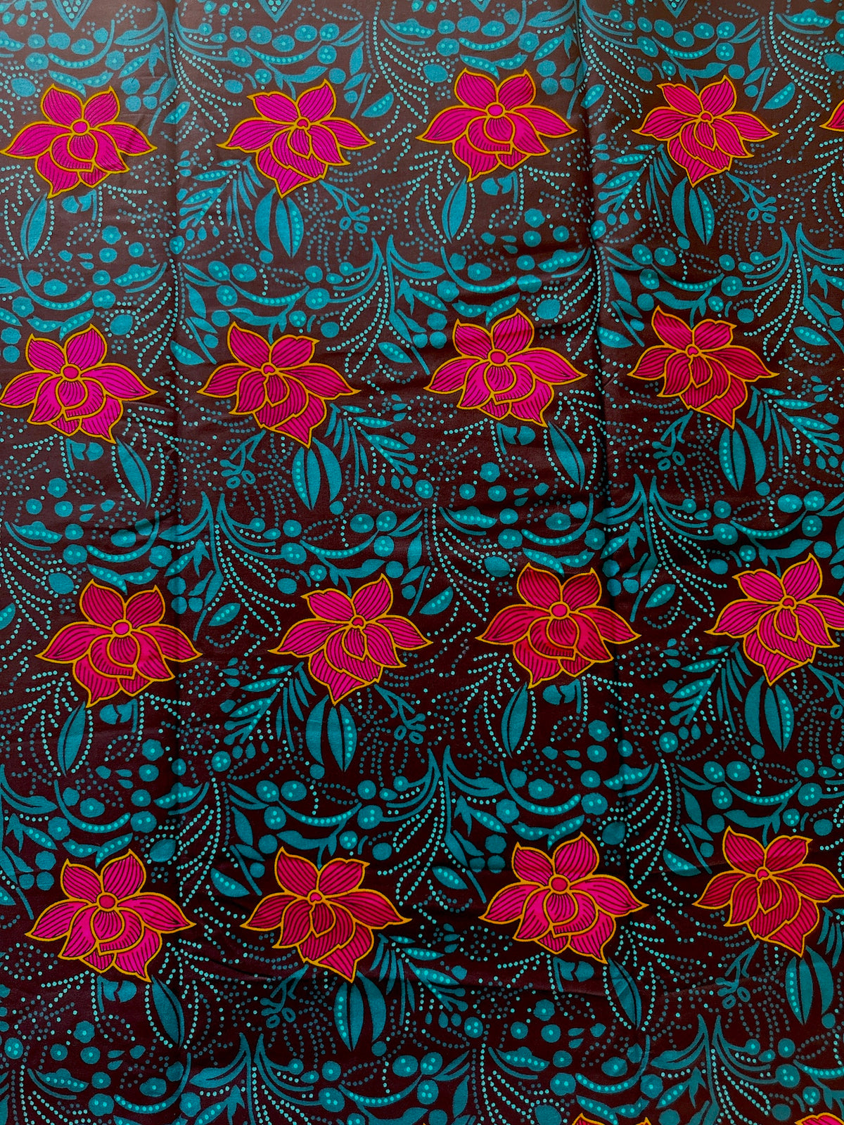 Dark Brown Teal & Magenta Floral African Fabric – African Wax Print (6 Yards UK) – MASI2641