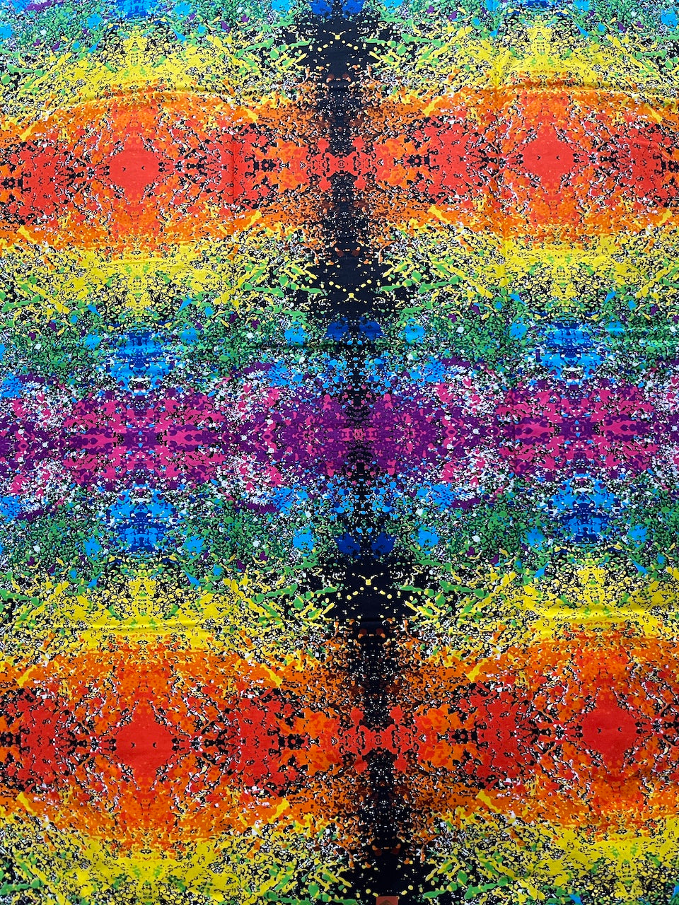 Colorful abstract pattern with a central black figure