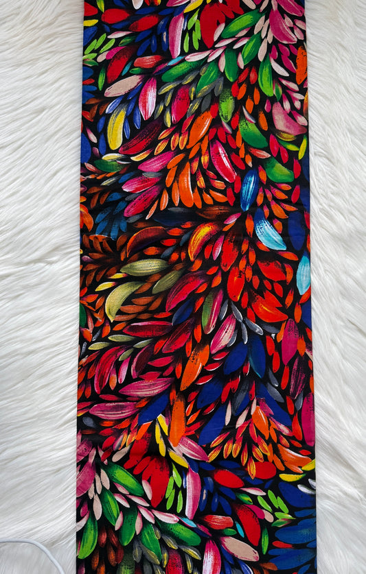 Colorful leaf-patterned fabric on a white background