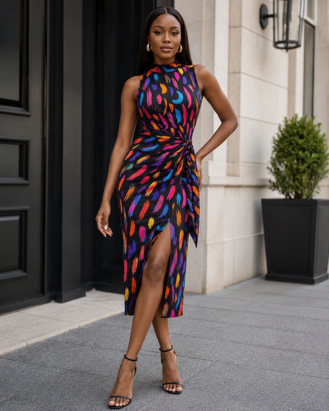 Woman wearing a colorful dress standing outside a building.