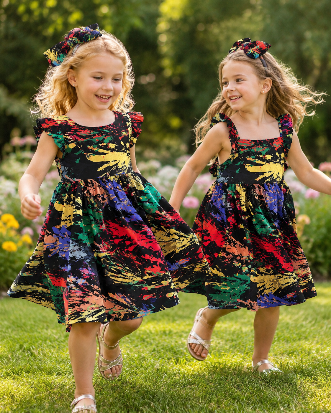 Two young girls in colorful dresses running outdoors.