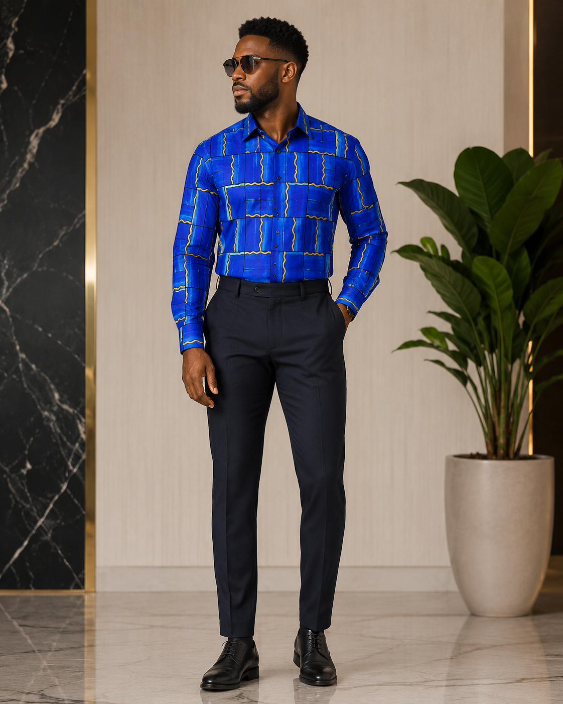 Man wearing a blue patterned shirt and black pants standing indoors with a plant in the background.